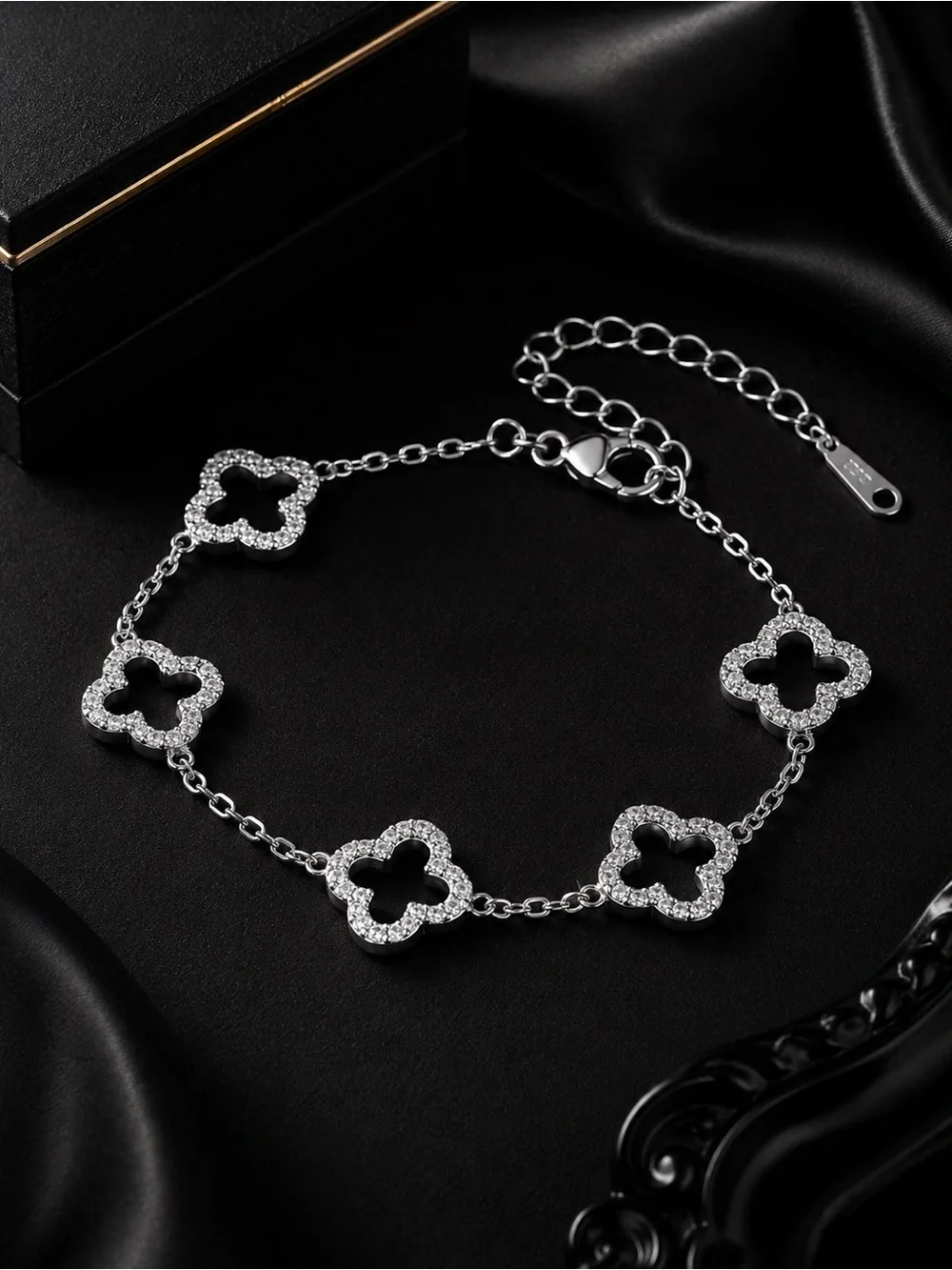 Silver Clover Link Bracelet with Crystals